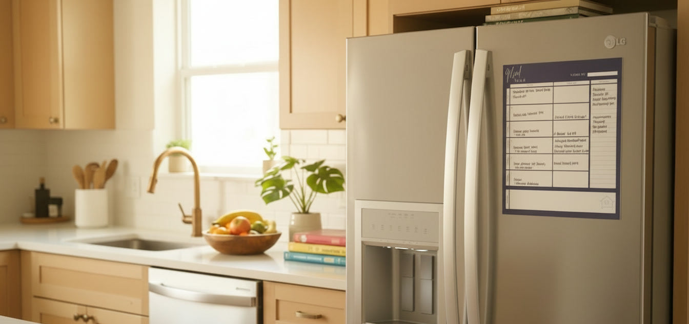 Kitchen with a refrigerator displaying a magnetic meal plan calendar.